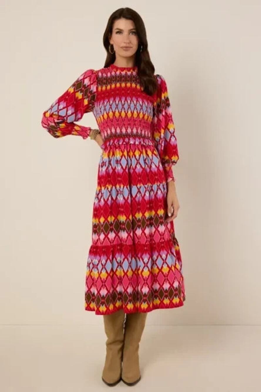 NEW Avara Lyles Multicolor Argyle Smocked Balloon Sleeve A Line Maxi Dress S